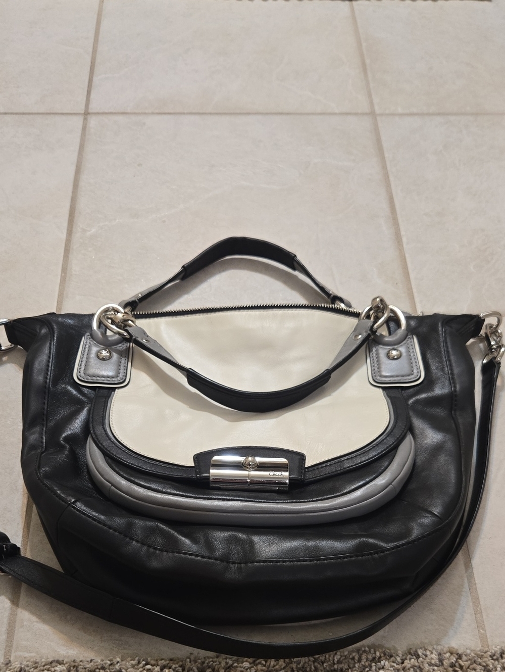Coach Two-Tone Black and Cream Shoulder Bag with Silver Hardware